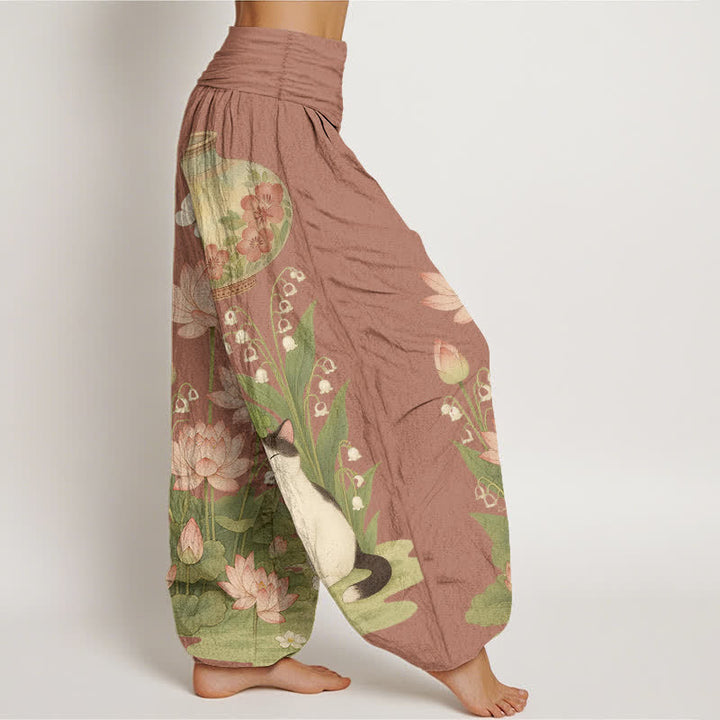 Buddha Stones Pantaloni harem da donna in puro cotone con motivo gatto loto e vita elasticizzata. - image 10