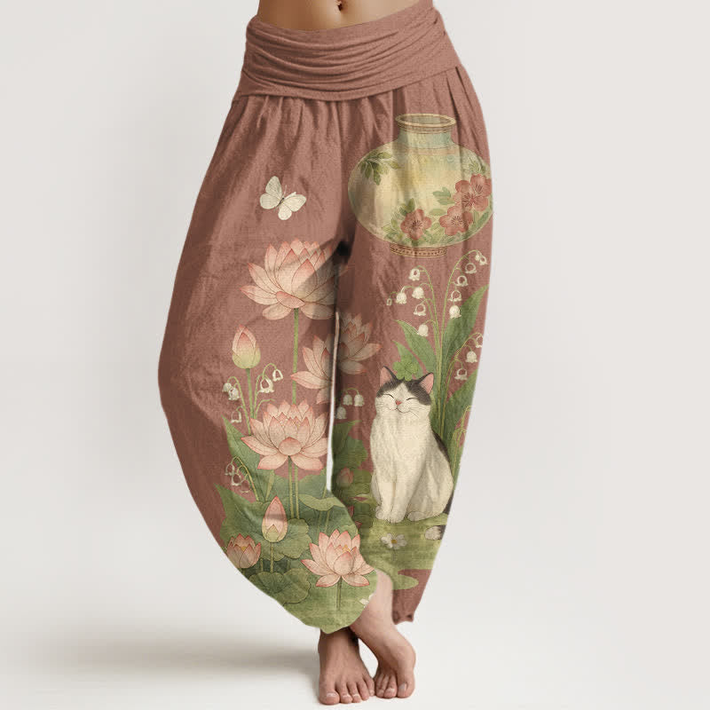 Buddha Stones Pantaloni harem da donna in puro cotone con motivo gatto loto e vita elasticizzata. - Siena - US16, UK/AU20, EU48 (3XL) - image 8