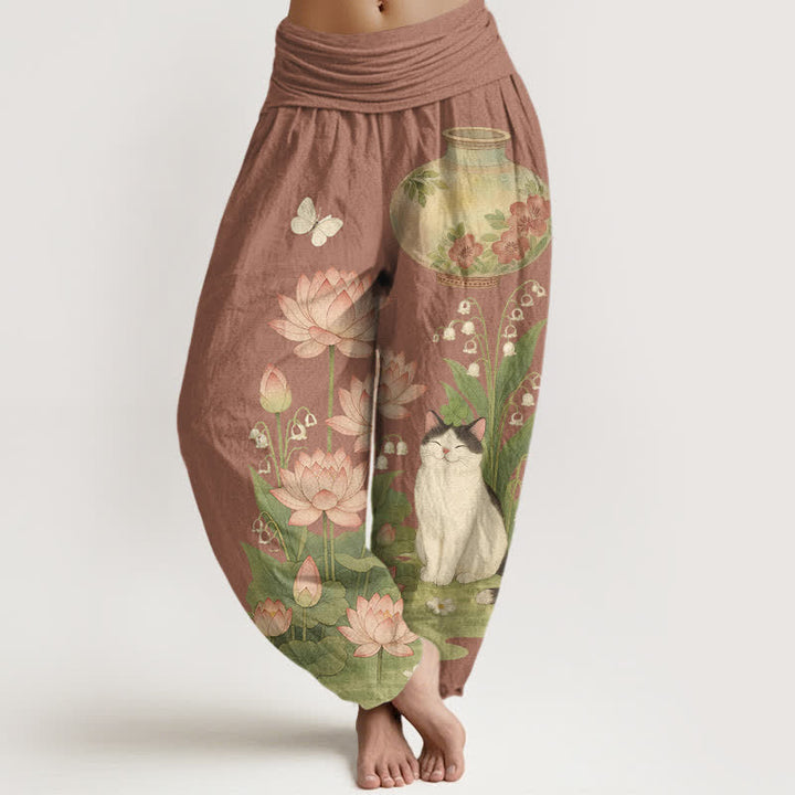 Buddha Stones Pantaloni harem da donna in puro cotone con motivo gatto loto e vita elasticizzata. - Siena - US16, UK/AU20, EU48 (3XL) - image 8