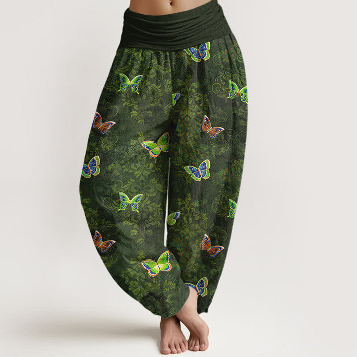 Buddha Stones Pantaloni harem da donna in puro cotone con motivo a farfalle e viticci, vita elasticizzata. - Verde oliva scuro - US16, UK/AU20, EU48 (3XL) - image 0