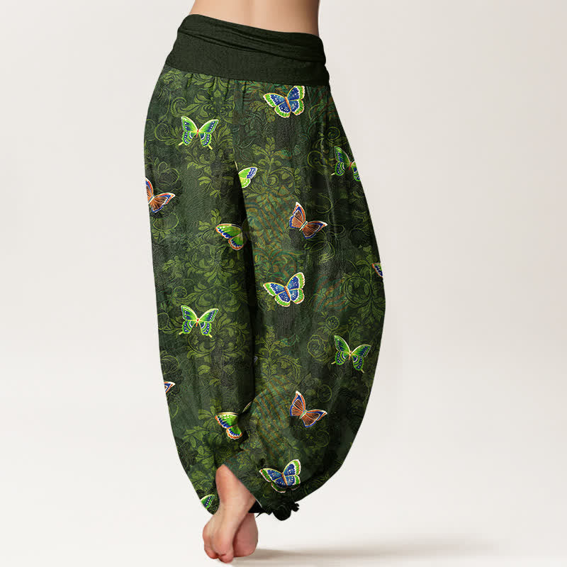 Buddha Stones Pantaloni harem da donna in puro cotone con motivo a farfalle e viticci, vita elasticizzata. - image 1