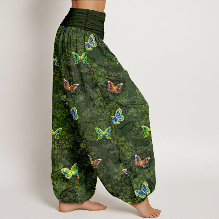 Buddha Stones Pantaloni harem da donna in puro cotone con motivo a farfalle e viticci, vita elasticizzata. - image 2