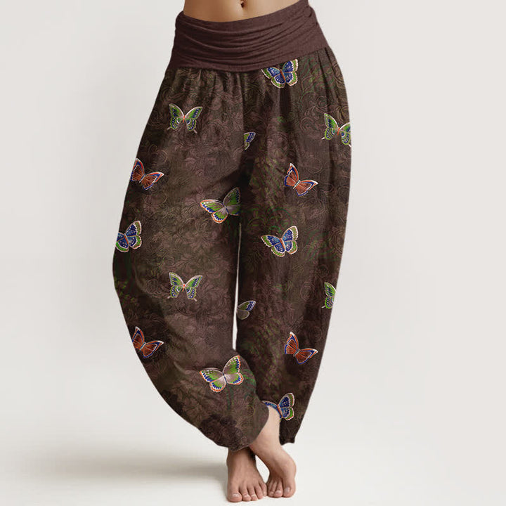 Buddha Stones Pantaloni harem da donna in puro cotone con motivo a farfalle e viticci, vita elasticizzata. - Marrone sella - US16, UK/AU20, EU48 (3XL) - image 8
