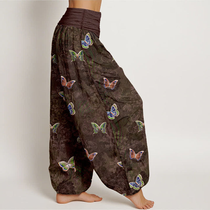 Buddha Stones Pantaloni harem da donna in puro cotone con motivo a farfalle e viticci, vita elasticizzata. - image 10