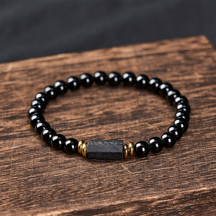 Buddha Stones Bracciale minimalista con perle rotonde, protezione in ossidiana nera e tormalina nera. - image 1