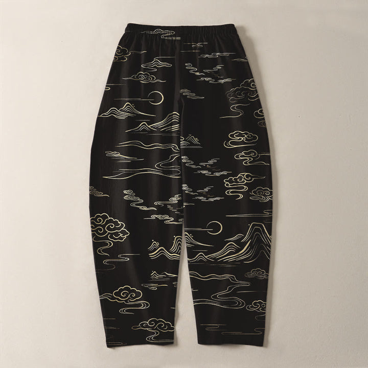 Buddha Stones Pantaloni da uomo affusolati con coulisse e tasche, in puro cotone, con motivo nuvole, montagne e onde. - image 3