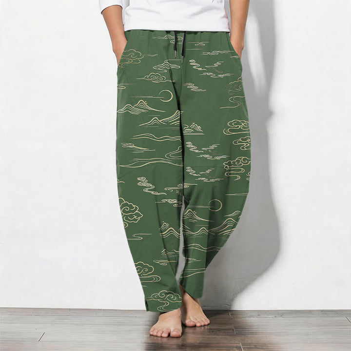 Buddha Stones Pantaloni da uomo affusolati con coulisse e tasche, in puro cotone, con motivo nuvole, montagne e onde. - Verde oliva scuro - US/UK/AU50, EU60 (5XL) - image 7