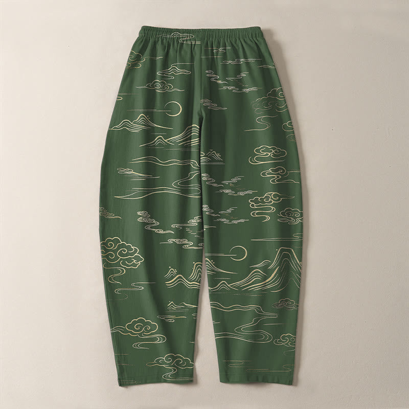 Buddha Stones Pantaloni da uomo affusolati con coulisse e tasche, in puro cotone, con motivo nuvole, montagne e onde. - image 10
