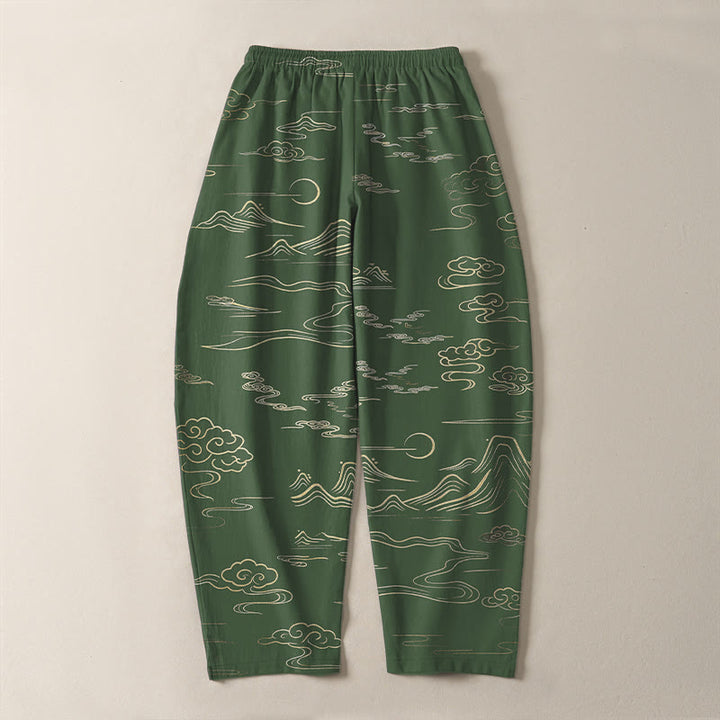 Buddha Stones Pantaloni da uomo affusolati con coulisse e tasche, in puro cotone, con motivo nuvole, montagne e onde. - image 10