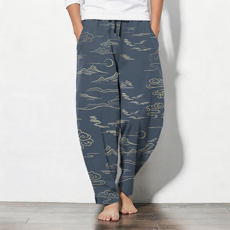 Buddha Stones Pantaloni da uomo affusolati con coulisse e tasche, in puro cotone, con motivo nuvole, montagne e onde. - SteelBlue - US/UK/AU50, EU60 (5XL) - image 11
