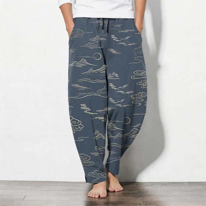 Buddha Stones Pantaloni da uomo affusolati con coulisse e tasche, in puro cotone, con motivo nuvole, montagne e onde. - SteelBlue - US/UK/AU50, EU60 (5XL) - image 11