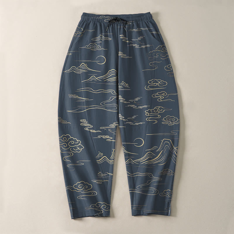 Buddha Stones Pantaloni da uomo affusolati con coulisse e tasche, in puro cotone, con motivo nuvole, montagne e onde. - image 13