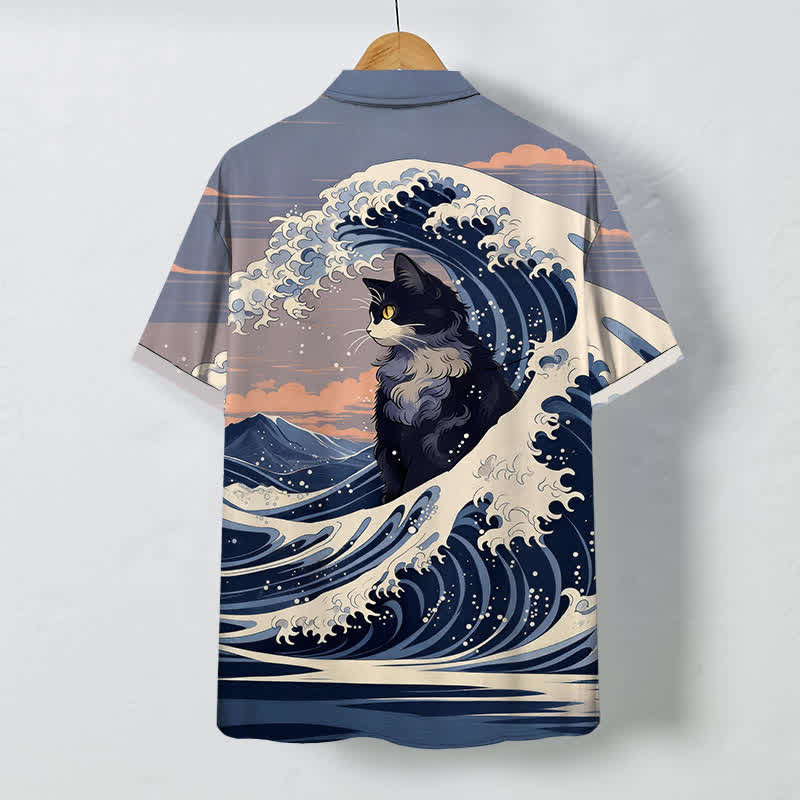 Buddha Stones Camicia da uomo a maniche corte traspirante con motivo gatto nero e onde, stampa Great Wave. - image 1