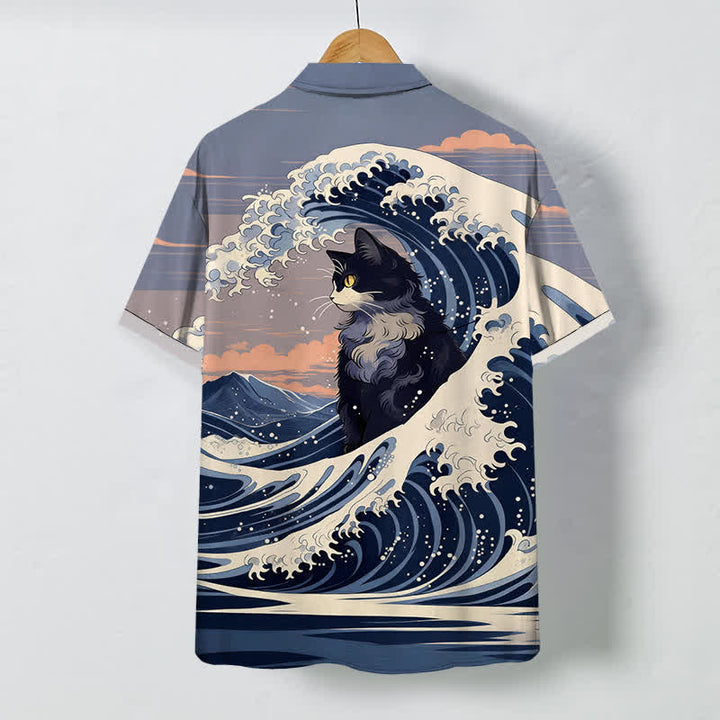 Buddha Stones Camicia da uomo a maniche corte traspirante con motivo gatto nero e onde, stampa Great Wave. - image 1