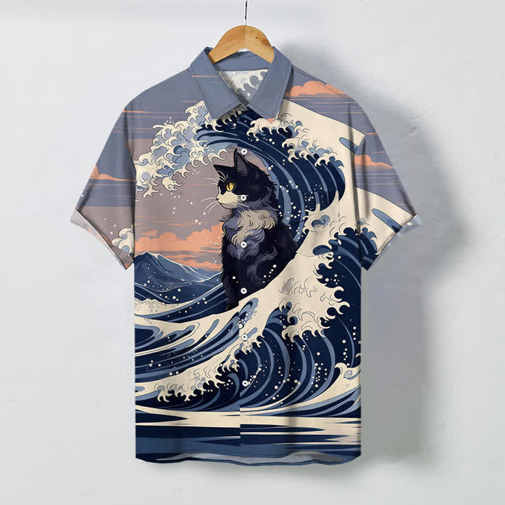 Buddha Stones Camicia da uomo a maniche corte traspirante con motivo gatto nero e onde, stampa Great Wave. - Blu acciaio chiaro - US/UK/AU48, EU58 (4XL) - image 0