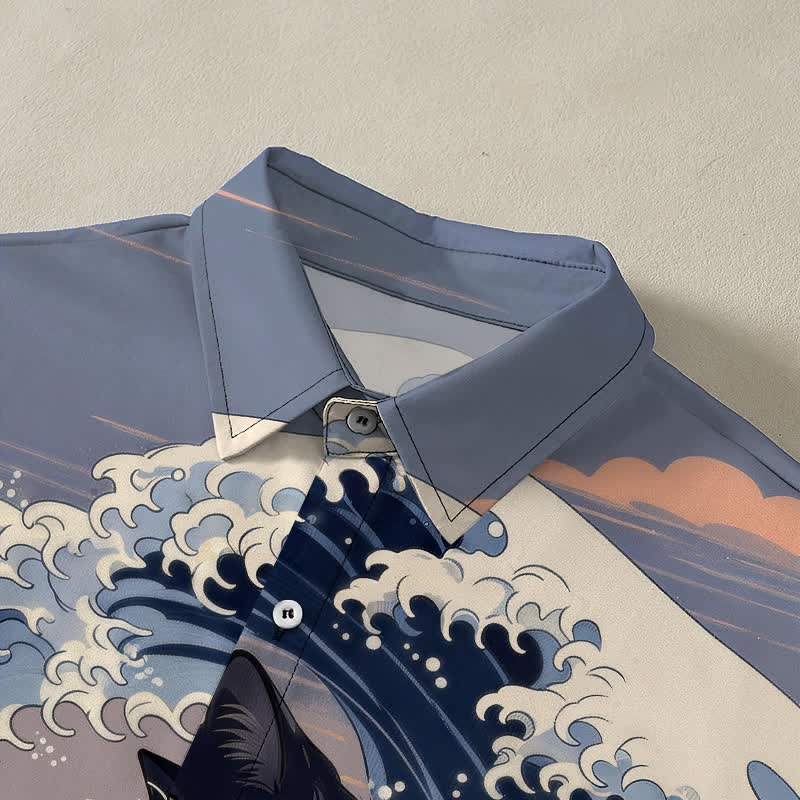 Buddha Stones Camicia da uomo a maniche corte traspirante con motivo gatto nero e onde, stampa Great Wave. - image 2