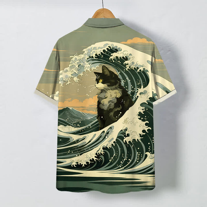 Buddha Stones Camicia da uomo a maniche corte traspirante con motivo gatto nero e onde, stampa Great Wave. - image 6