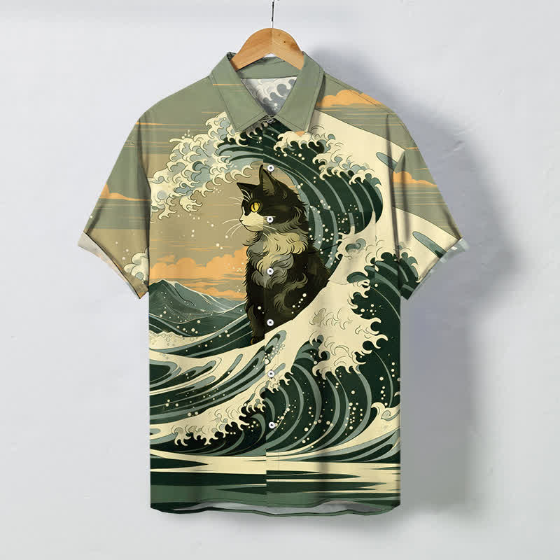 Buddha Stones Camicia da uomo a maniche corte traspirante con motivo gatto nero e onde, stampa Great Wave. - Verde oliva - US/UK/AU48, EU58 (4XL) - image 5