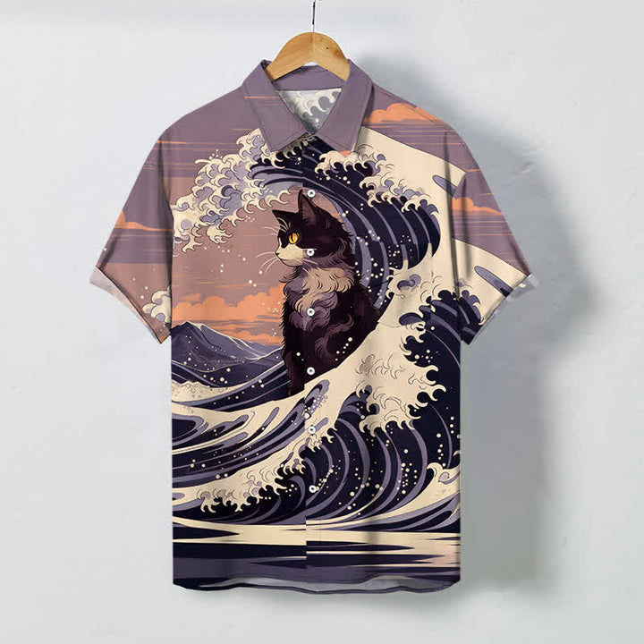 Buddha Stones Camicia da uomo a maniche corte traspirante con motivo gatto nero e onde, stampa Great Wave. - Cardo - US/UK/AU48, EU58 (4XL) - image 7