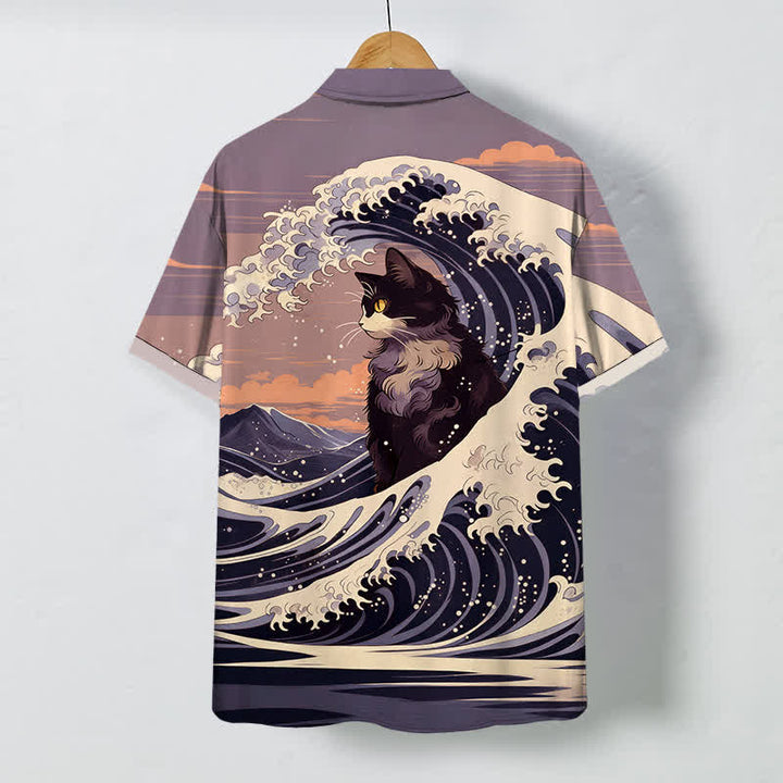 Buddha Stones Camicia da uomo a maniche corte traspirante con motivo gatto nero e onde, stampa Great Wave. - image 8
