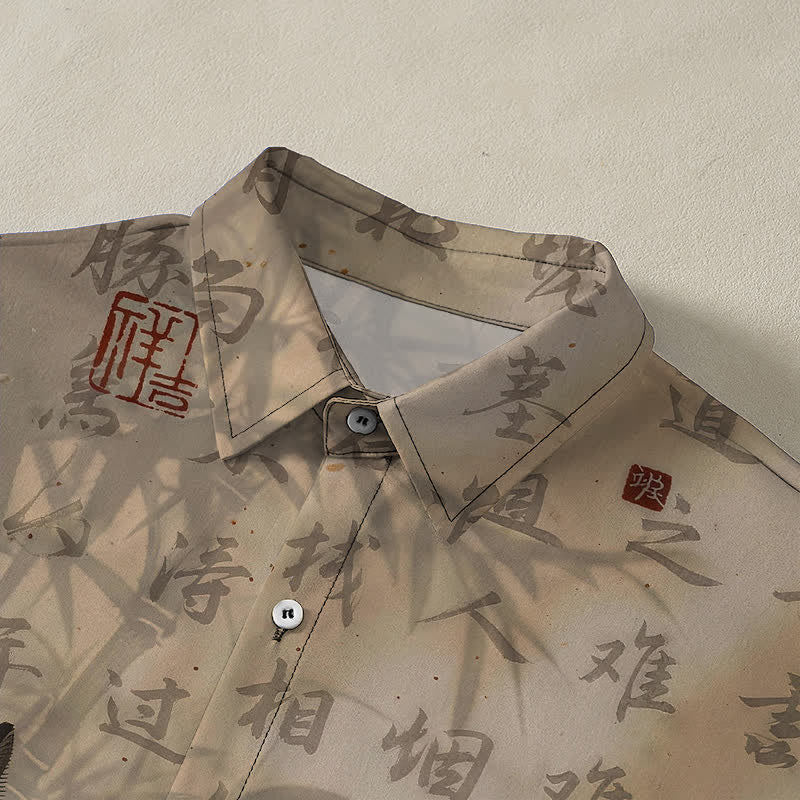 Buddha Stones Camicia da uomo a maniche corte traspirante con bottoni e motivo a sigillo con calligrafia di gatto nero. - image 2