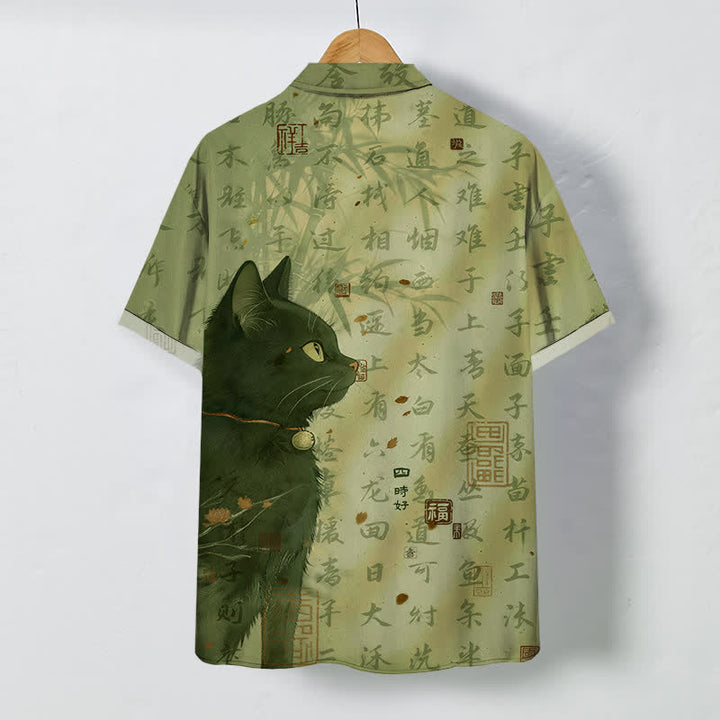 Buddha Stones Camicia da uomo a maniche corte traspirante con bottoni e motivo a sigillo con calligrafia di gatto nero. - image 6