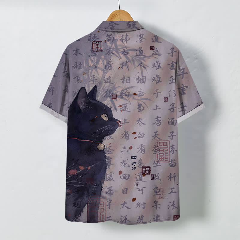 Buddha Stones Camicia da uomo a maniche corte traspirante con bottoni e motivo a sigillo con calligrafia di gatto nero. - image 8