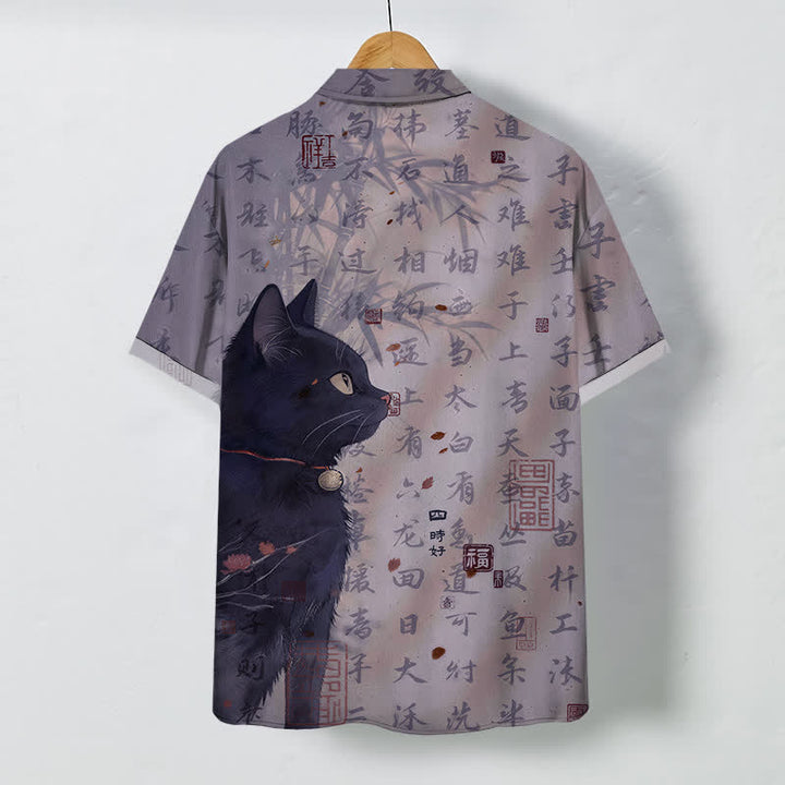 Buddha Stones Camicia da uomo a maniche corte traspirante con bottoni e motivo a sigillo con calligrafia di gatto nero. - image 8