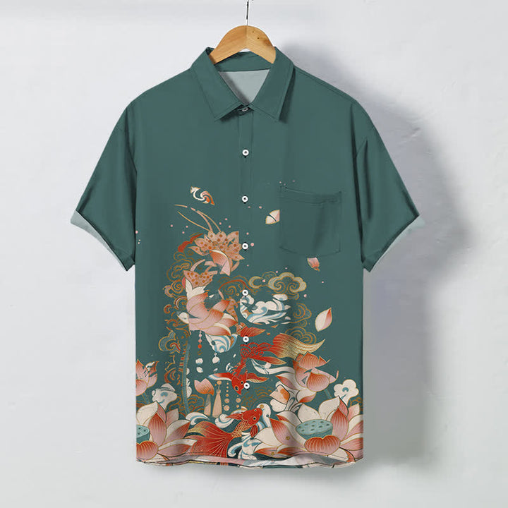Buddha Stones Camicia da uomo a maniche corte traspirante con bottoni e motivo a onde e nuvole, con stampa di loto e koi. - Verde acqua - US/UK/AU48, EU58 (4XL) - image 0