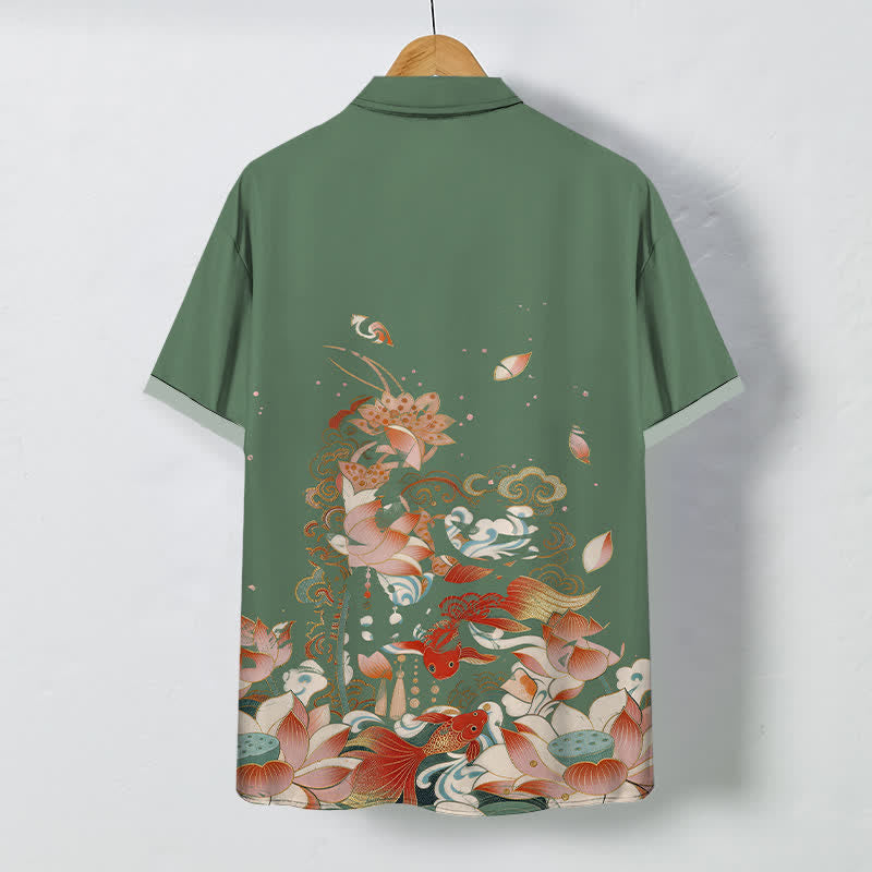 Buddha Stones Camicia da uomo a maniche corte traspirante con bottoni e motivo a onde e nuvole, con stampa di loto e koi. - image 6