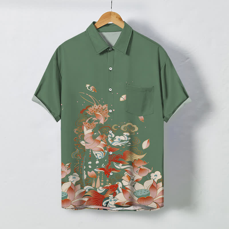 Buddha Stones Camicia da uomo a maniche corte traspirante con bottoni e motivo a onde e nuvole, con stampa di loto e koi. - Verde Mare Scuro - US/UK/AU48, EU58 (4XL) - image 5