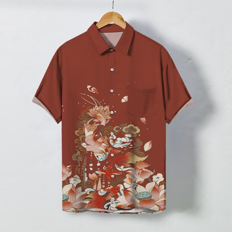 Buddha Stones Camicia da uomo a maniche corte traspirante con bottoni e motivo a onde e nuvole, con stampa di loto e koi. - Siena - US/UK/AU48, EU58 (4XL) - image 7