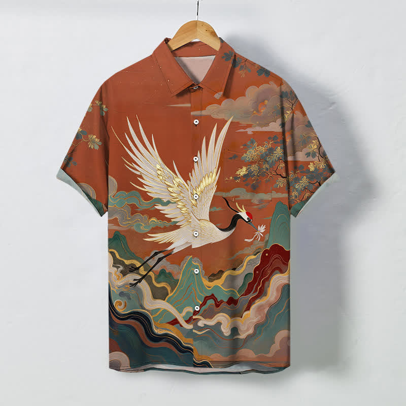 Buddha Stones Camicia da uomo a maniche corte traspirante con stampa di gru volante, nuvole, onde e fiori bianchi. - Siena - US/UK/AU48, EU58 (4XL) - image 0