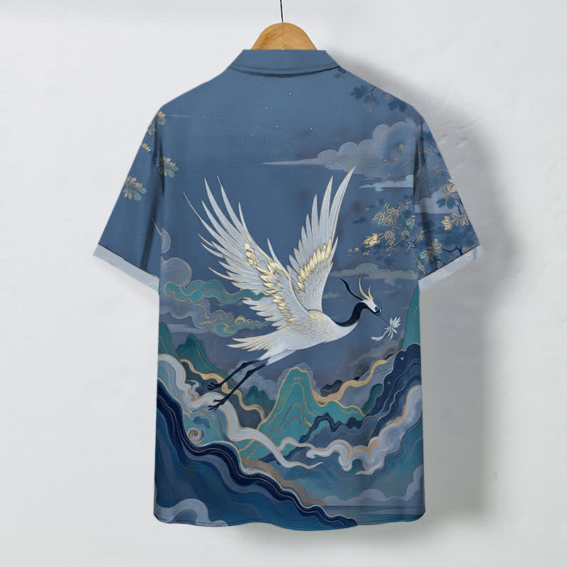Buddha Stones Camicia da uomo a maniche corte traspirante con stampa di gru volante, nuvole, onde e fiori bianchi. - image 6