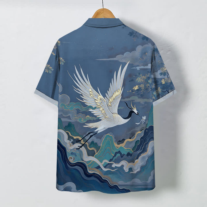 Buddha Stones Camicia da uomo a maniche corte traspirante con stampa di gru volante, nuvole, onde e fiori bianchi. - image 6