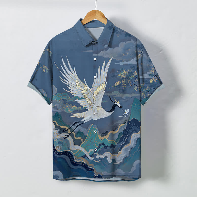 Buddha Stones Camicia da uomo a maniche corte traspirante con stampa di gru volante, nuvole, onde e fiori bianchi. - SteelBlue - US/UK/AU48, EU58 (4XL) - image 5
