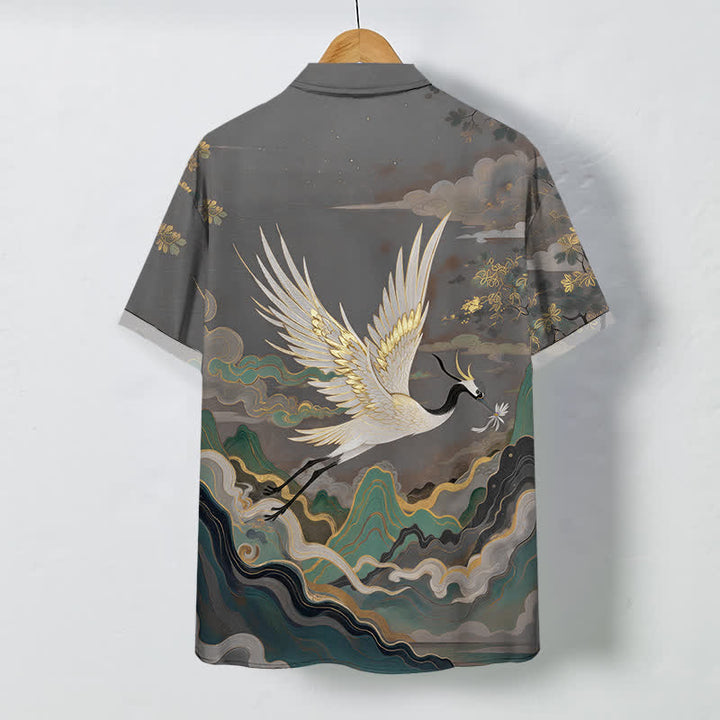 Buddha Stones Camicia da uomo a maniche corte traspirante con stampa di gru volante, nuvole, onde e fiori bianchi. - image 8