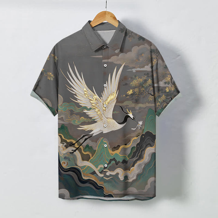 Buddha Stones Camicia da uomo a maniche corte traspirante con stampa di gru volante, nuvole, onde e fiori bianchi. - Grigio tenue - US/UK/AU48, EU58 (4XL) - image 7