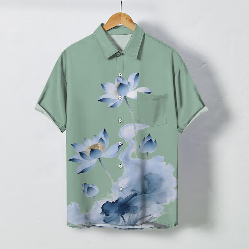 Buddha Stones Camicia da uomo a maniche corte con bottoni a fantasia inchiostro blu loto, resistente alle pieghe. - Verde Mare Scuro - US/UK/AU48, EU58 (4XL) - image 7