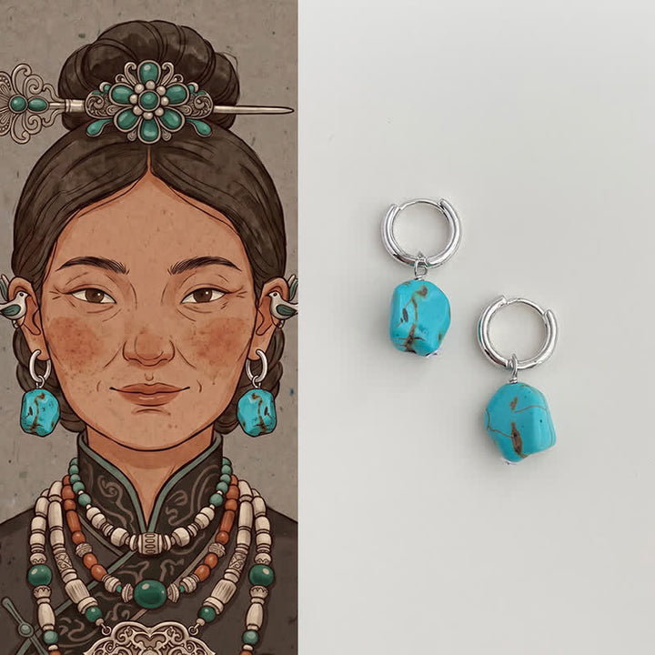 Buddha Stones Orecchini a cerchio tibetani protettivi in ​​turchese sintetico, realizzati a mano. - Turchese (placcato in rame con perni in argento sterling 925) - image 0