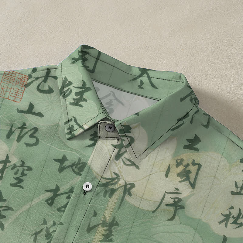 Buddha Stones Camicia da uomo a maniche corte traspirante con bottoni e motivo paesaggistico in calligrafia cinese. - image 2