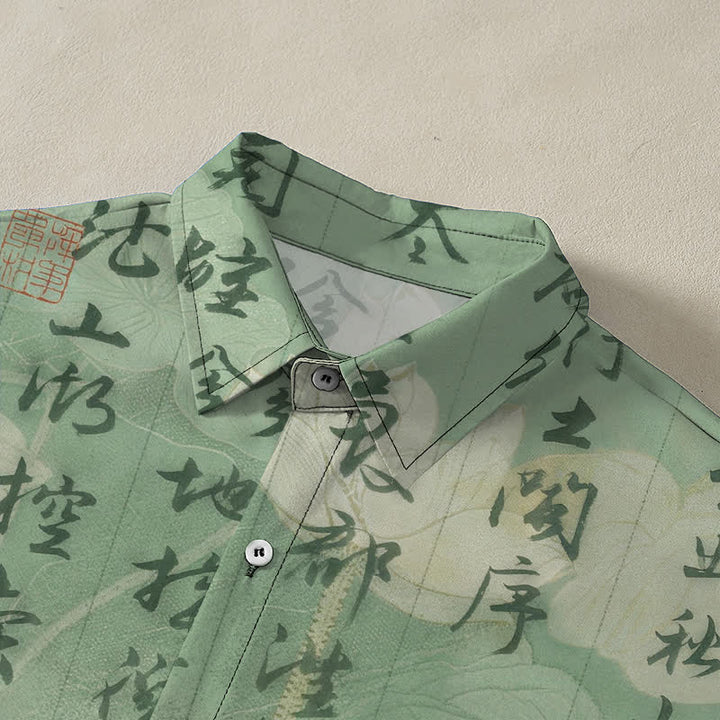 Buddha Stones Camicia da uomo a maniche corte traspirante con bottoni e motivo paesaggistico in calligrafia cinese. - image 2