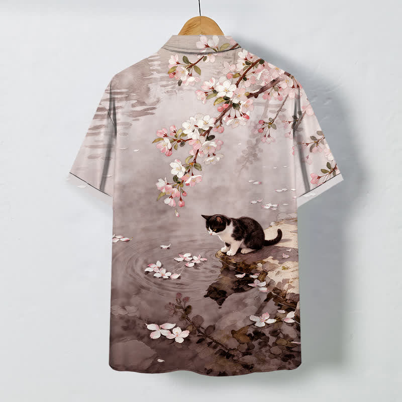 Buddha Stones Camicia da uomo a maniche corte con bottoni, motivo gatto in fiore di ciliegio e riva del fiume, resistente alle pieghe. - image 6