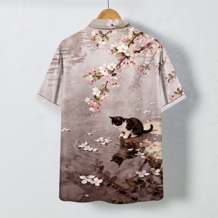 Buddha Stones Camicia da uomo a maniche corte con bottoni, motivo gatto in fiore di ciliegio e riva del fiume, resistente alle pieghe. - image 6