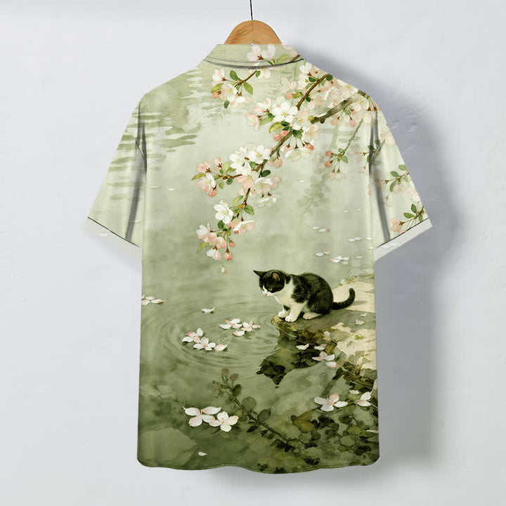 Buddha Stones Camicia da uomo a maniche corte con bottoni, motivo gatto in fiore di ciliegio e riva del fiume, resistente alle pieghe. - image 8