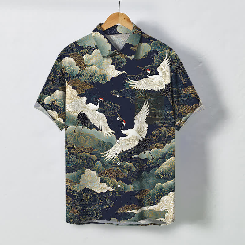 Buddha Stones Camicia da uomo a maniche corte traspirante con stampa di gru dalla corona rossa, nuvole bianche dorate e motivo a onde, bottoni. - Nero - US/UK/AU48, EU58 (4XL) - image 5