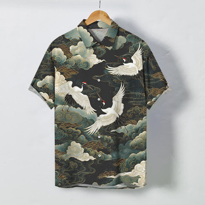 Buddha Stones Camicia da uomo a maniche corte traspirante con stampa di gru dalla corona rossa, nuvole bianche dorate e motivo a onde, bottoni. - Verde oliva scuro - US/UK/AU48, EU58 (4XL) - image 7