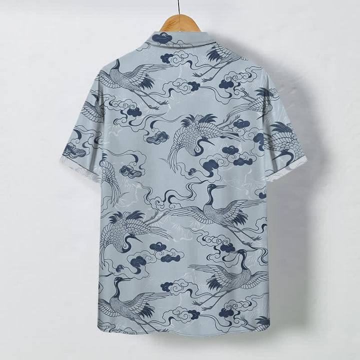 Buddha Stones Camicia da uomo a maniche corte traspirante con motivo a gru, nuvole e onde, bottoni. - image 1