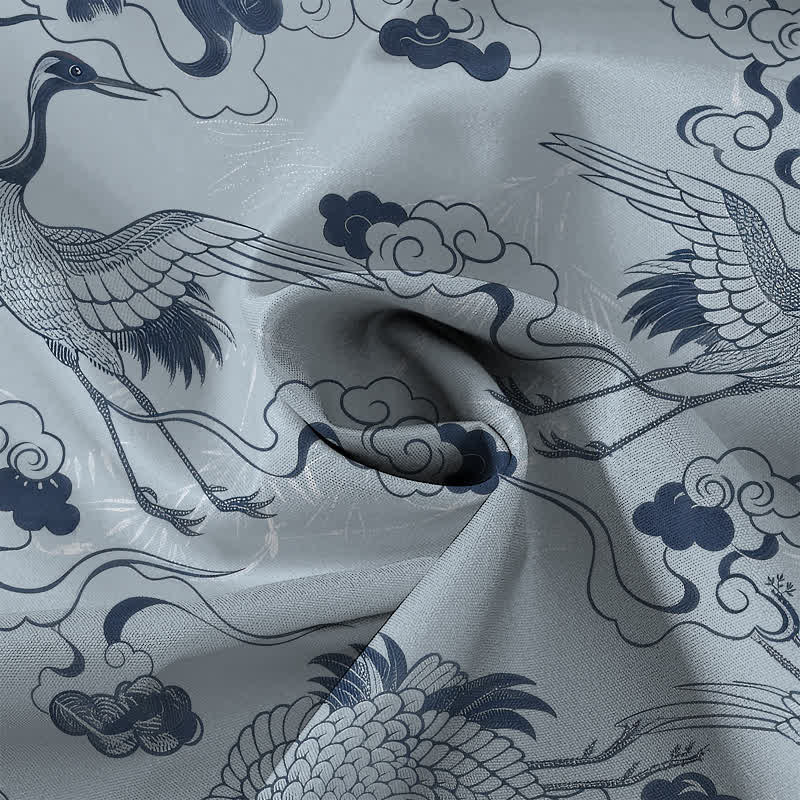 Buddha Stones Camicia da uomo a maniche corte traspirante con motivo a gru, nuvole e onde, bottoni. - image 4