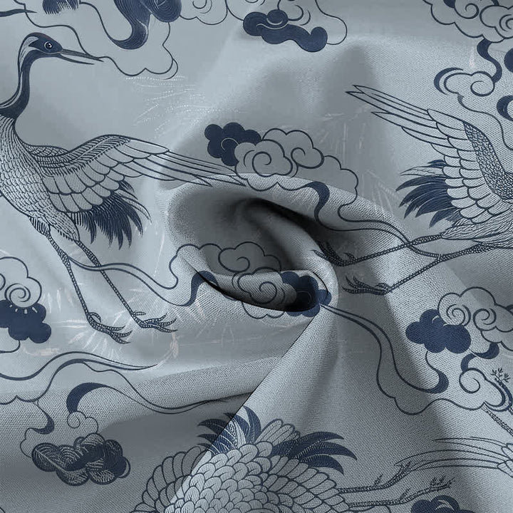Buddha Stones Camicia da uomo a maniche corte traspirante con motivo a gru, nuvole e onde, bottoni. - image 4